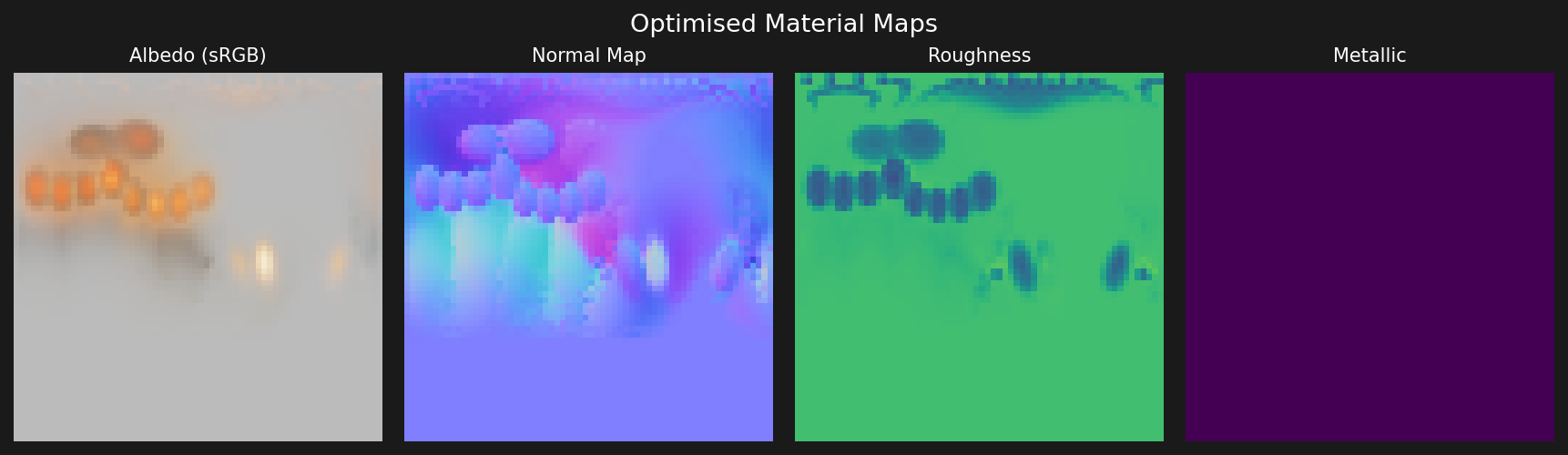 Optimised albedo, normal, roughness and metallic material maps from differentiable PBR optimisation